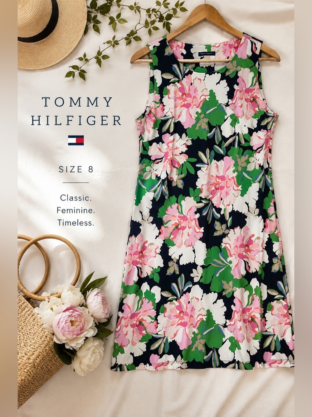 Tommy Hilfiger Floral Sleeveless Shift Dress Size 8 Navy Pink Green Peony Print - Picture 2 of 9